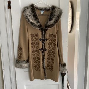 Urchin Sweater jacket, Tan with faux fur trimming.